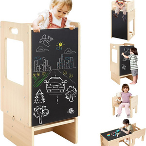 5 in 1 Toddler Tower Height Adjustable Wooden Toddler Kitchen Stool Helper with Chalkboard High Chair Desk Table All in one