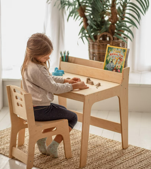 Montessori Children Activity Desk Learning Preschool Desk Kids Writing Sensory Table And Chair With Bookshelf Toddler