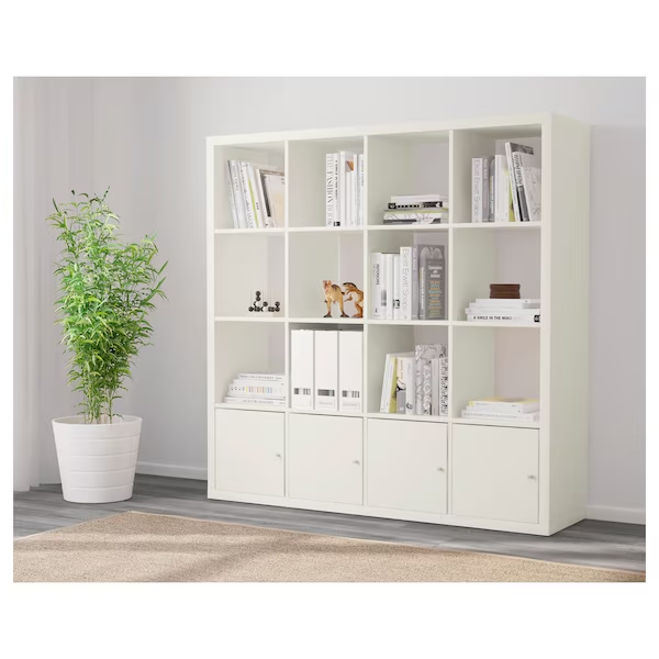 White Modern Wood Shelving Unit With 4 Inserts For Storage With Doors