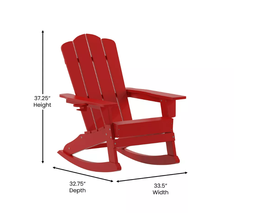 All Weather Resistant Outdoor Garden Beach Red HDPE Adirondack Rocking Chair With Cup Holder