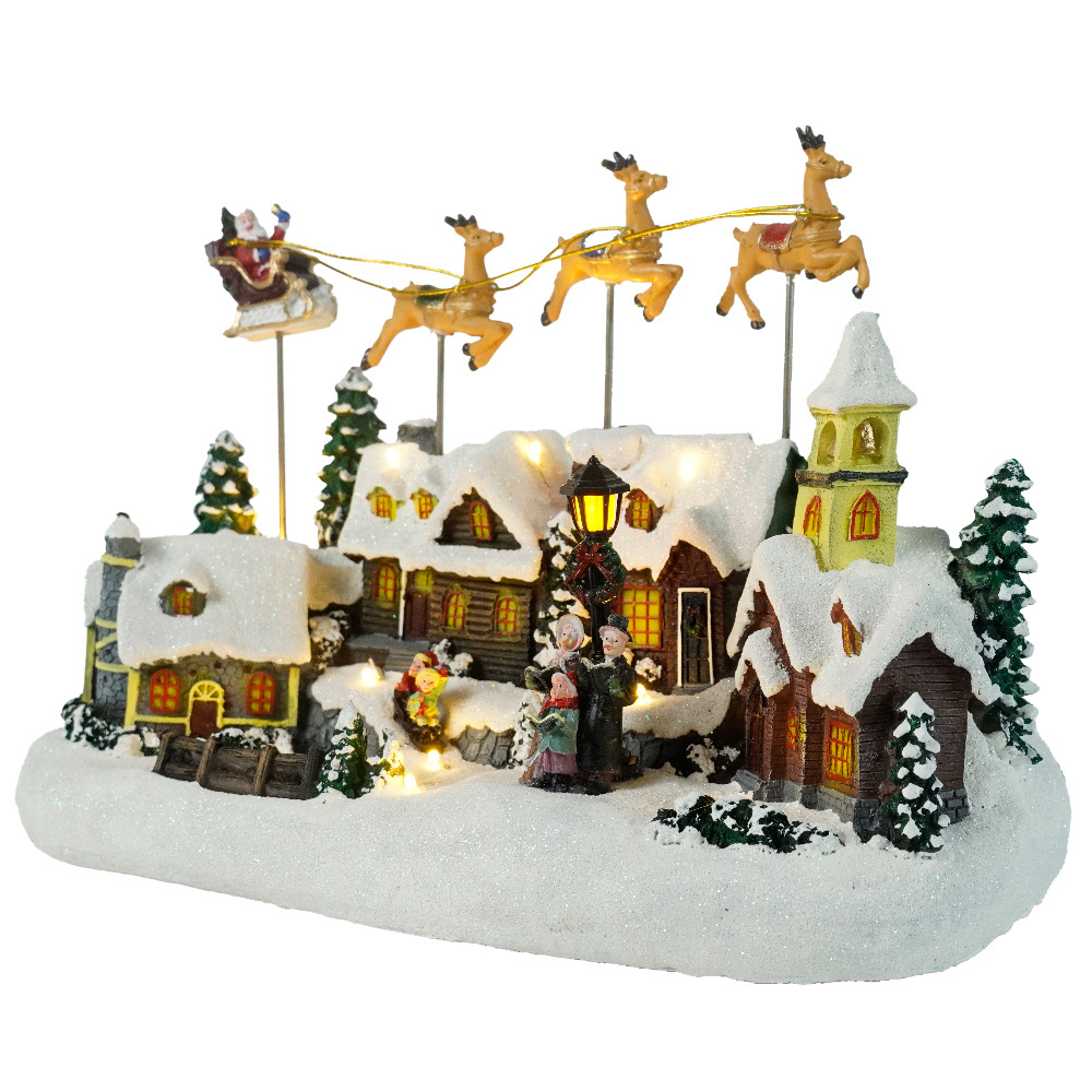 Battery Operated Musical LED Village with Santa and Deer,Christmas Village House,Christmas Resin Village Decoration