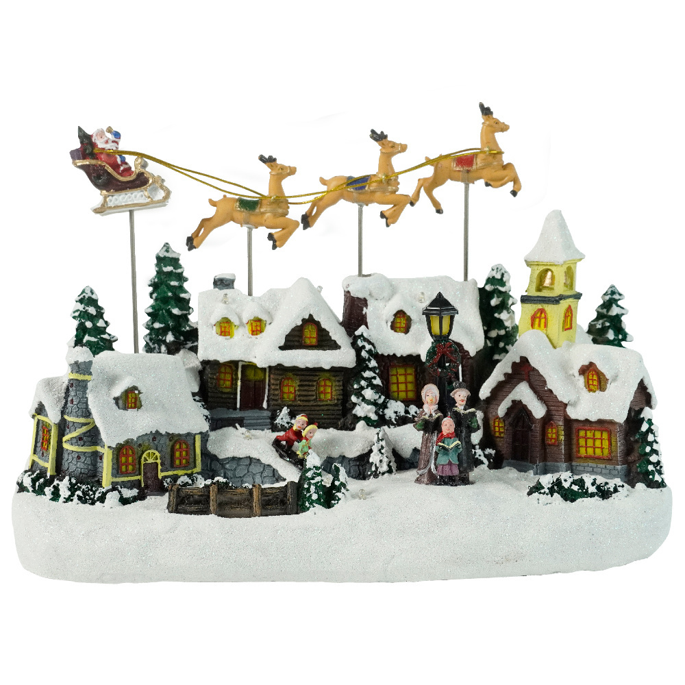 Battery Operated Musical LED Village with Santa and Deer,Christmas Village House,Christmas Resin Village Decoration