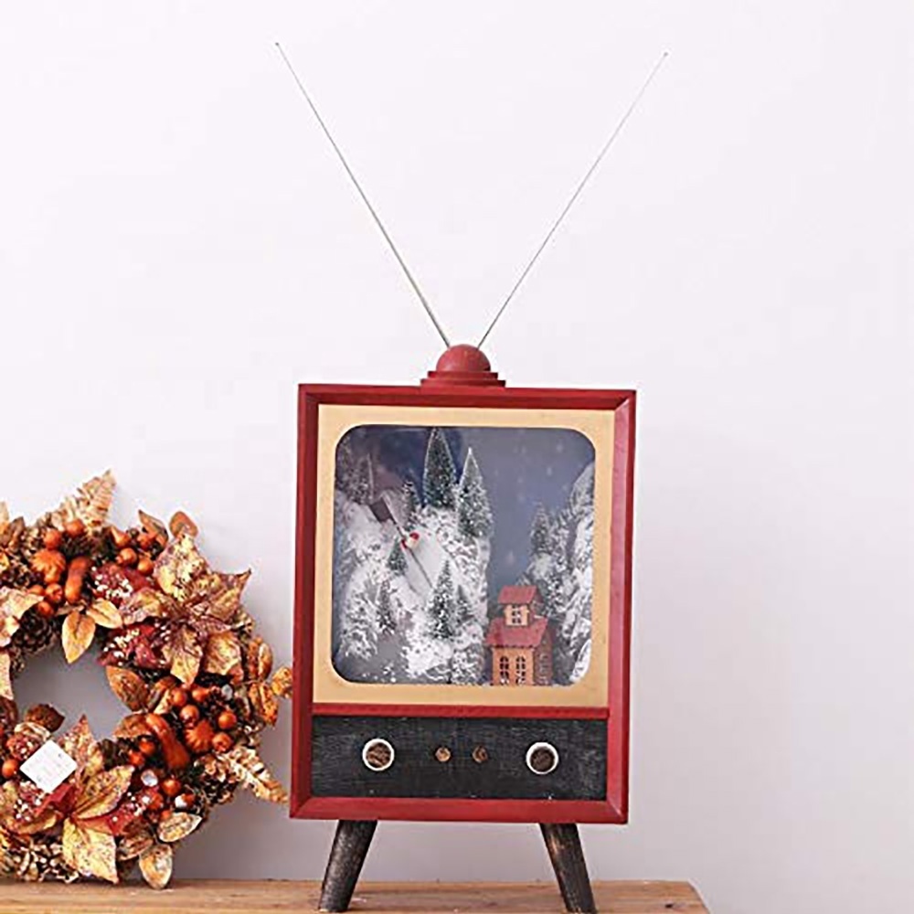 Indoor Polyresin antique Santa skiing scene tv cabinet Christmas decoration with snowing inside