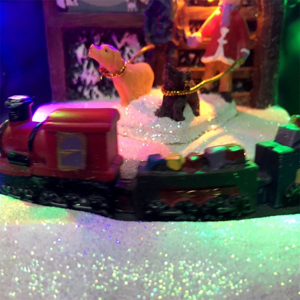 LED light up Snow Scene Doggy & rotating Train christmas village figurine christmas resin music CHRISTMAS VILLAGE