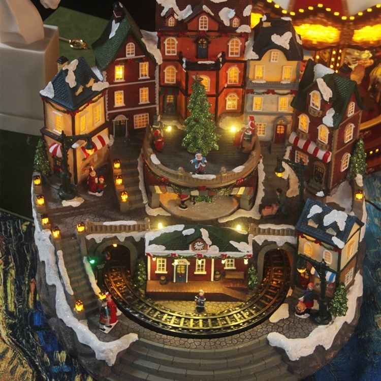 Christmas Decoration LED Animated Train Station Resin Musical Christmas village house with Rotating Xmas Tree