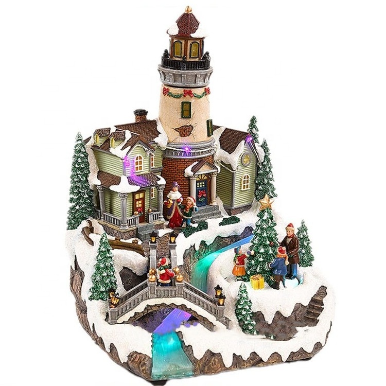 New design noel seasonal decor Led musical polyresin fiber optic rotating Xmas tree scene Christmas Village with bell tower