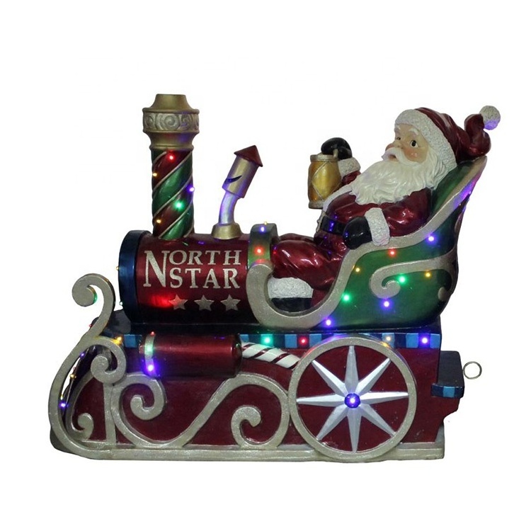 Shopping mall Life size Mult Led musical giant fiber glass polystone Santa reinder Sleigh and train figurine Christmas decor