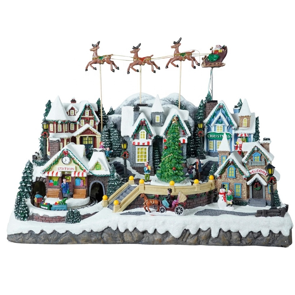 Large Size Musical Polyresin Christmas LED House flying Santa sleigh scene Christmas Village with rotating Xmas tree