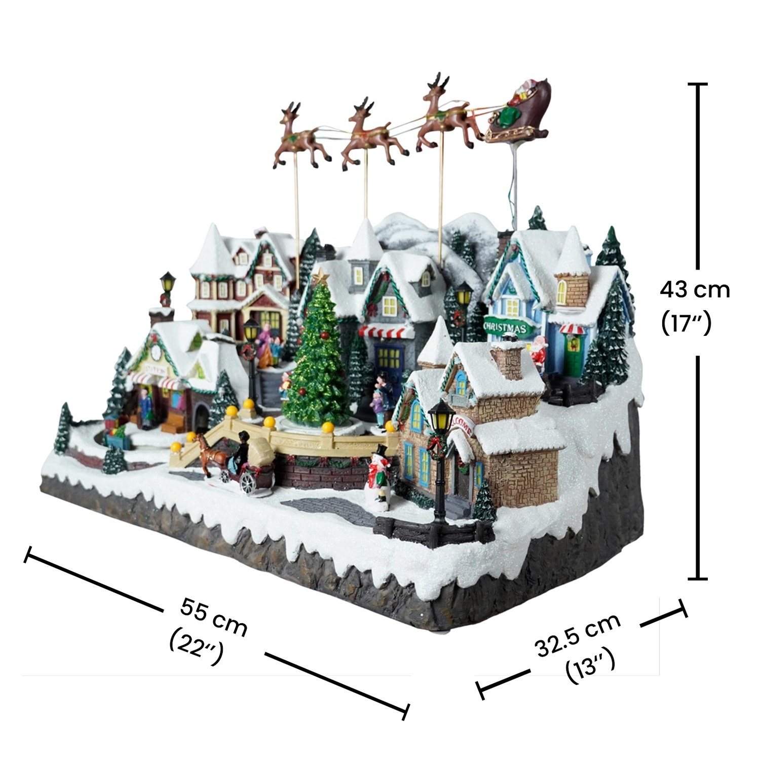 Wholesale led musical Xmas  flying sleigh scene model figurine Christmas village house with rotating christmas tree