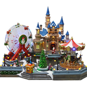 Christmas Village House, Colourful LED Lights with Christmas Music, Rotating Christmas Trees and Roller Carousel & Ferry Wheels