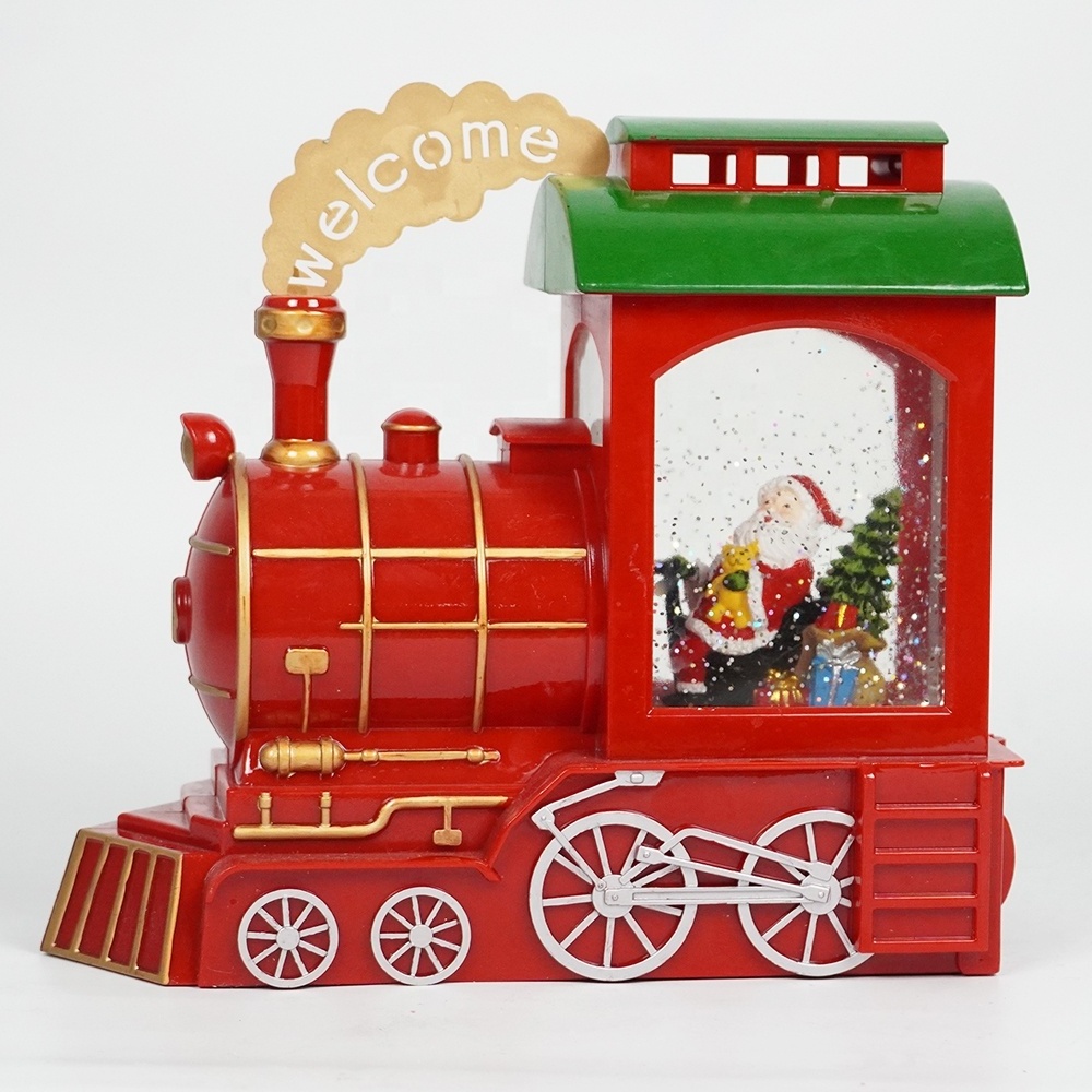 Indoor decor BO seasonal train design Santa Claus Xmas scene Musical Led Light Up Christmas Lantern Snow Globe with carollers