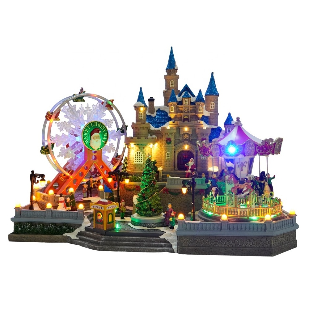 Christmas Village House, Colourful LED Lights with Christmas Music, Rotating Christmas Trees and Roller Carousel & Ferry Wheels