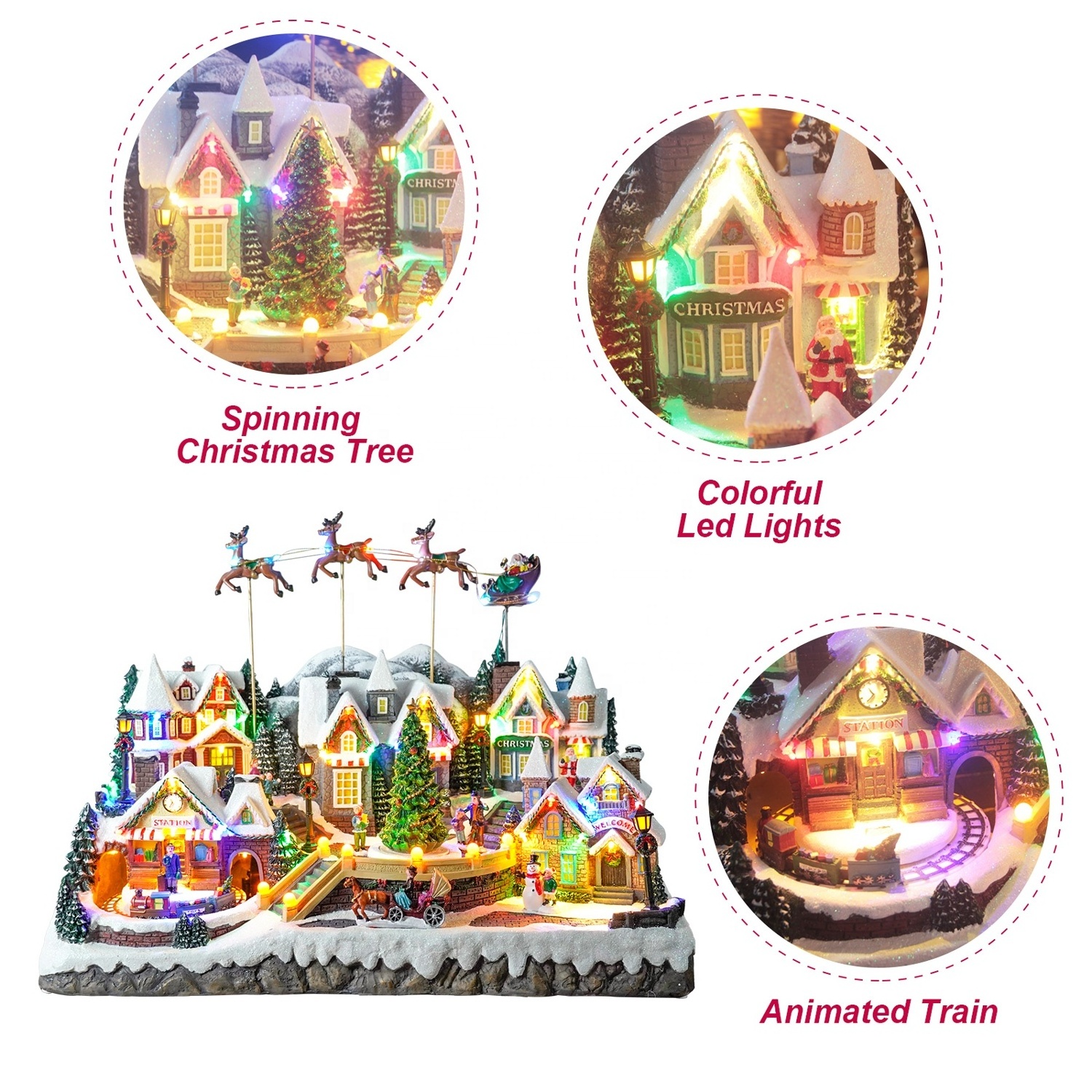 Wholesale led musical Xmas  flying sleigh scene model figurine Christmas village house with rotating christmas tree