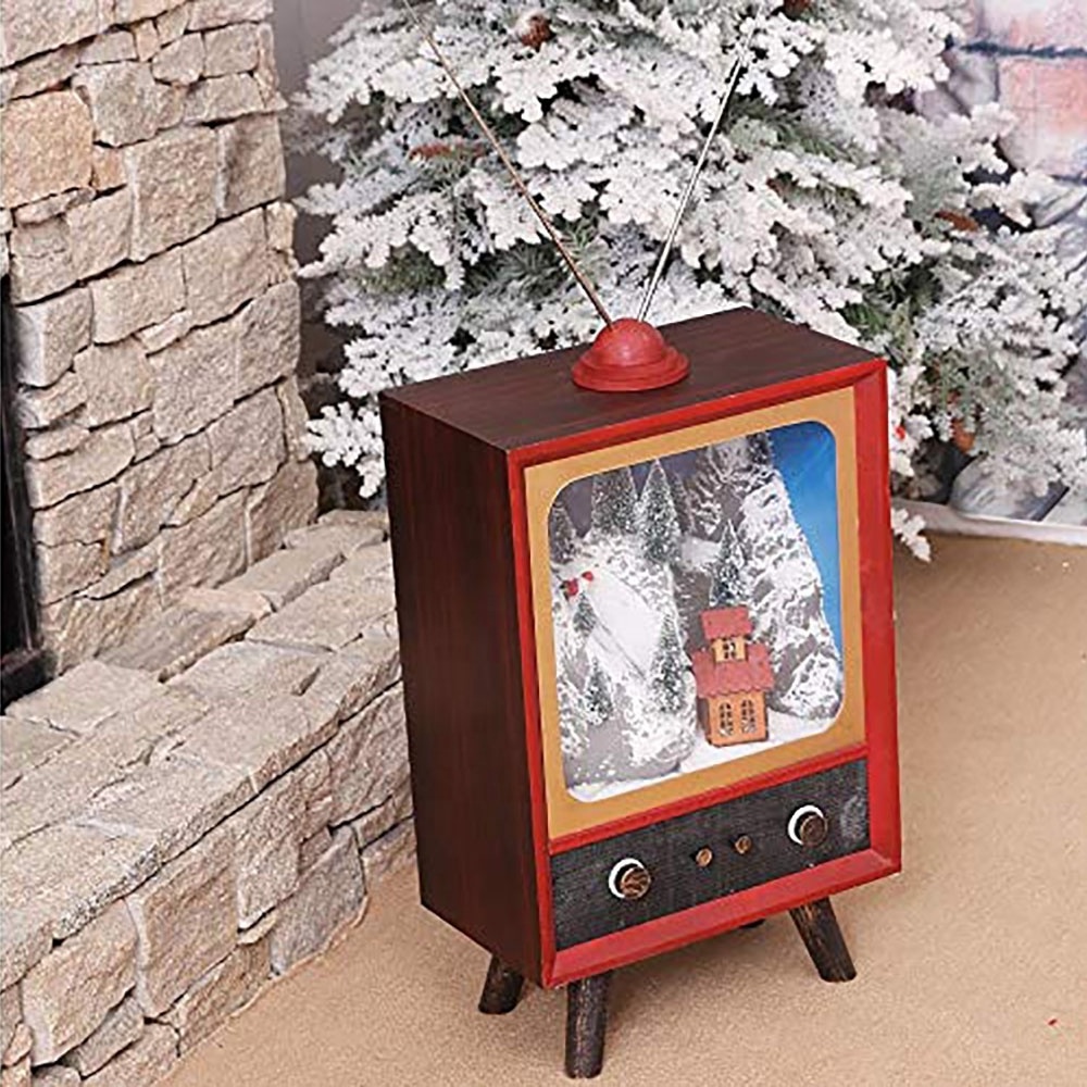 Indoor Polyresin antique Santa skiing scene tv cabinet Christmas decoration with snowing inside