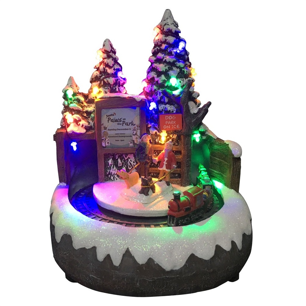 LED light up Snow Scene Doggy & rotating Train christmas village figurine christmas resin music CHRISTMAS VILLAGE