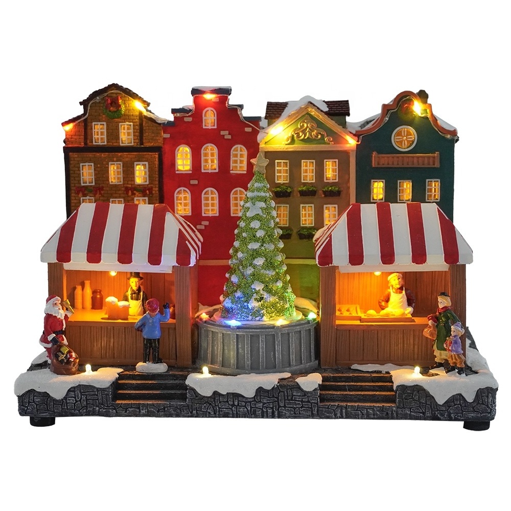 LED light up  Resin Musical  christmas village house christmas village ornament with animated rotate Christmas tree