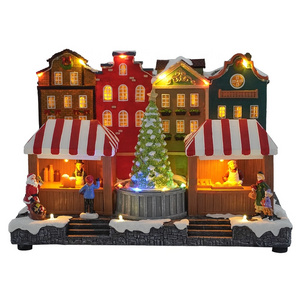 LED light up  Resin Musical  christmas village house christmas village ornament with animated rotate Christmas tree