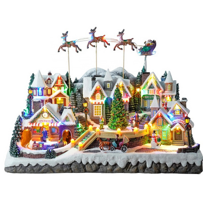 Wholesale led musical Xmas  flying sleigh scene model figurine Christmas village house with rotating christmas tree