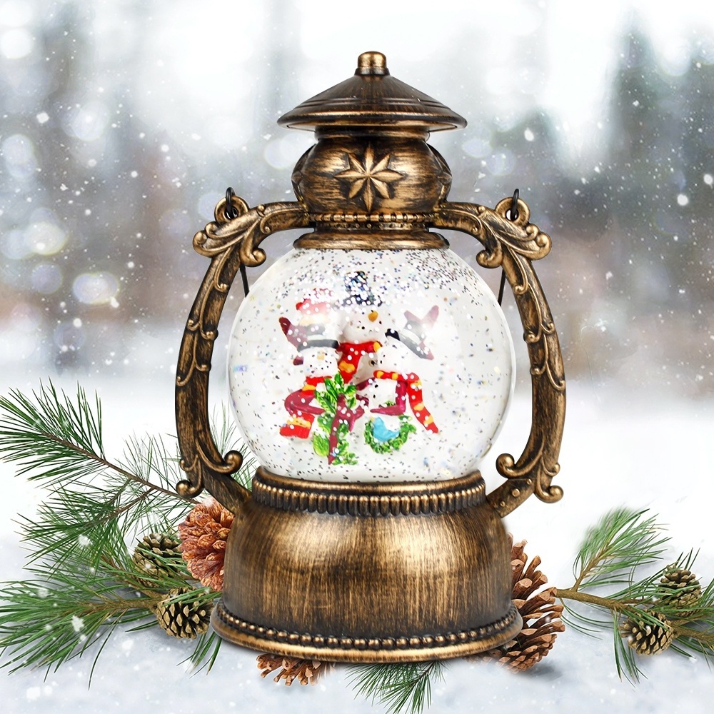 Traditional Xmas seasonal antique plastic led water spinning Christmas lantern snow globe with glitter