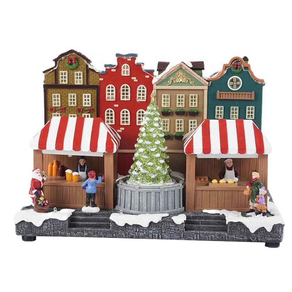 LED light up  Resin Musical  christmas village house christmas village ornament with animated rotate Christmas tree