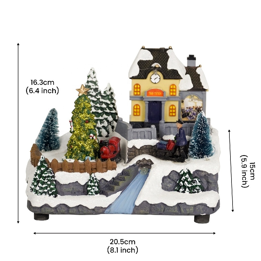 2022 Wholesale animated Light up fiber optic Christmas Led illuminated musical resin village house with Mult color Led