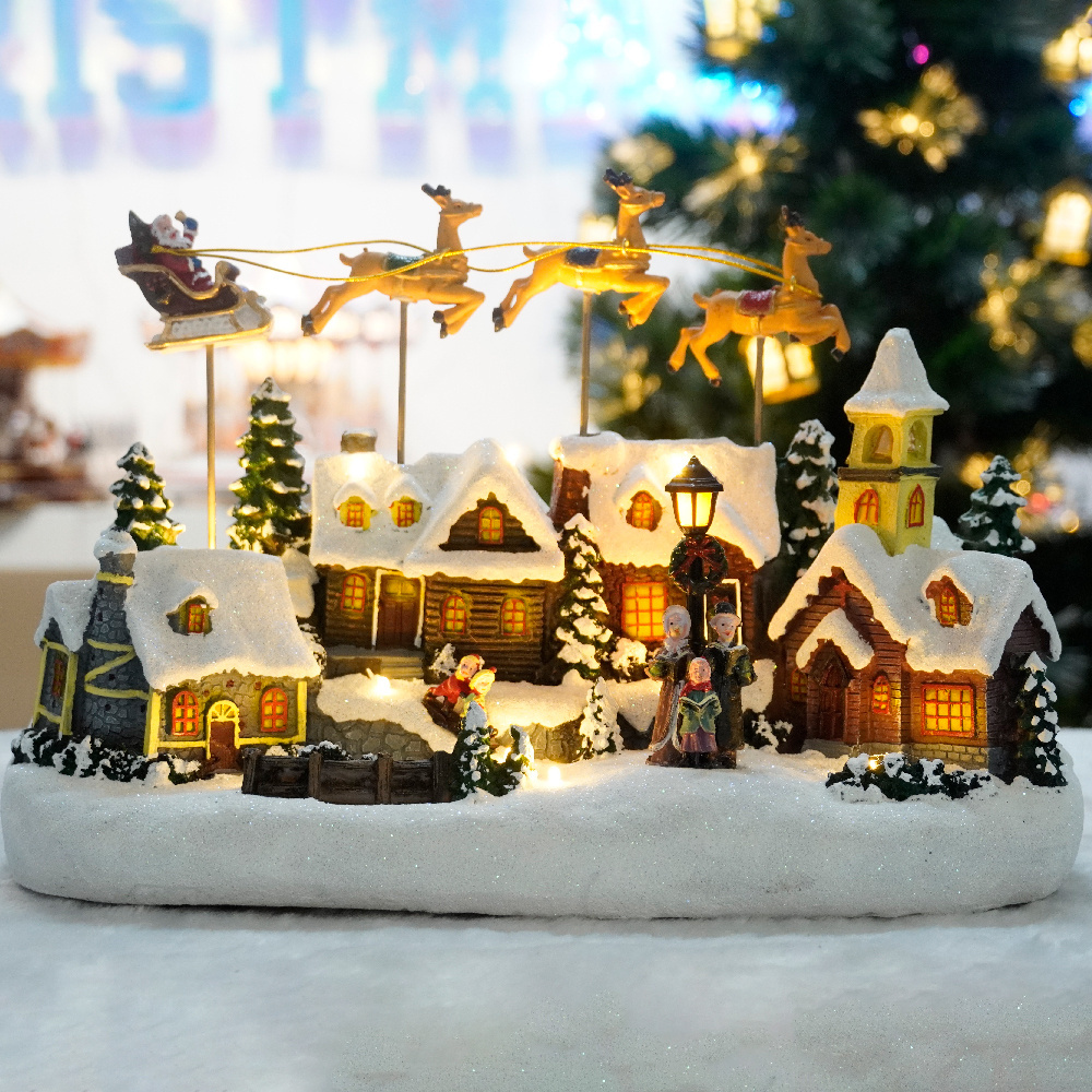 Battery Operated Musical LED Village with Santa and Deer,Christmas Village House,Christmas Resin Village Decoration