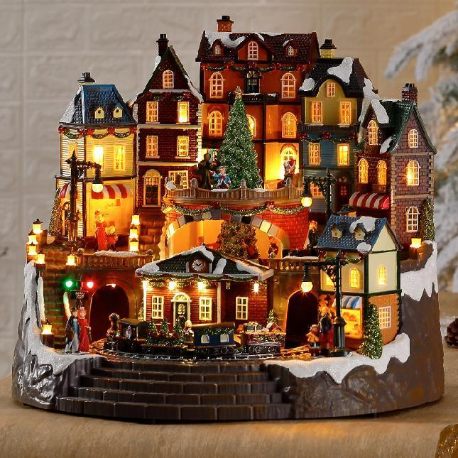 Christmas Decoration LED Animated Train Station Resin Musical Christmas village house with Rotating Xmas Tree