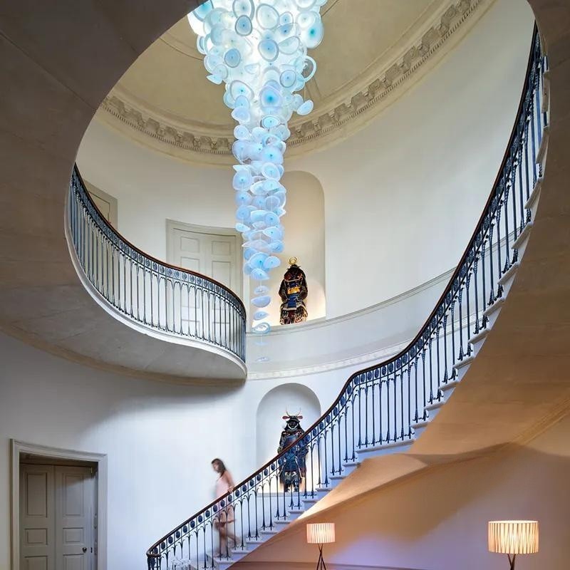 Custom Modern Hotel Villa Stairway Glass plates ceiling mounted stainless plate with led light Long Victorian Chandelier