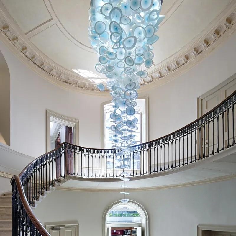 Custom Modern Hotel Villa Stairway Glass plates ceiling mounted stainless plate with led light Long Victorian Chandelier