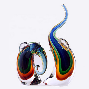 A pair Lovely Creative Office Desktop Decor Wholesale blue Colored  murano Glass Hand Blown Art Solid Elephant figurine