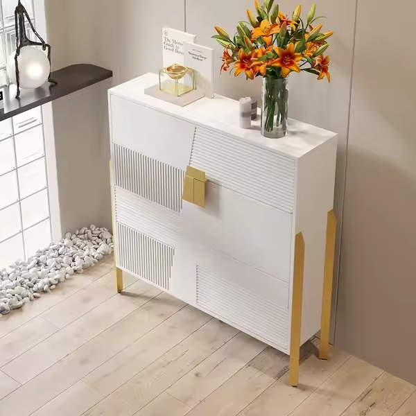 Modern Cabinet,Modern Entryway Shoe Rack White Shoe Storage Cabinet with 2 Flip Doors & 1 Drawer Golden Legs Narrow Shoe Cabinet