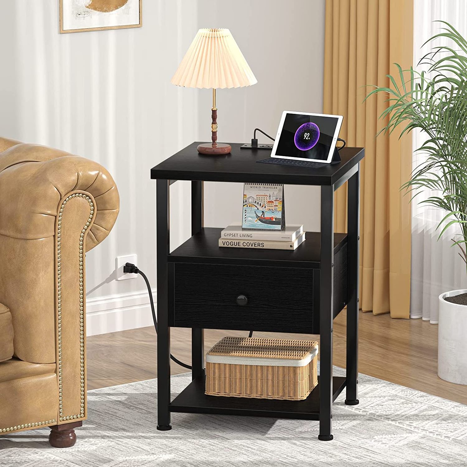 end table nightstand, with USB connection port, with drawer storage shelf, wooden