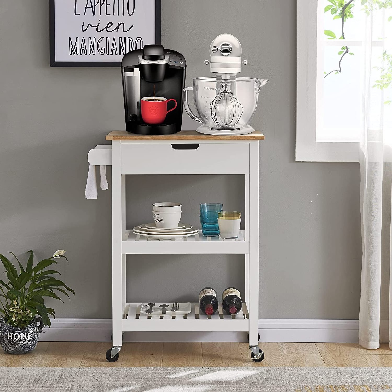 Small kitchen island with wooden top and drawers Multifunctional utility cart with open storage shelf suitable for small space