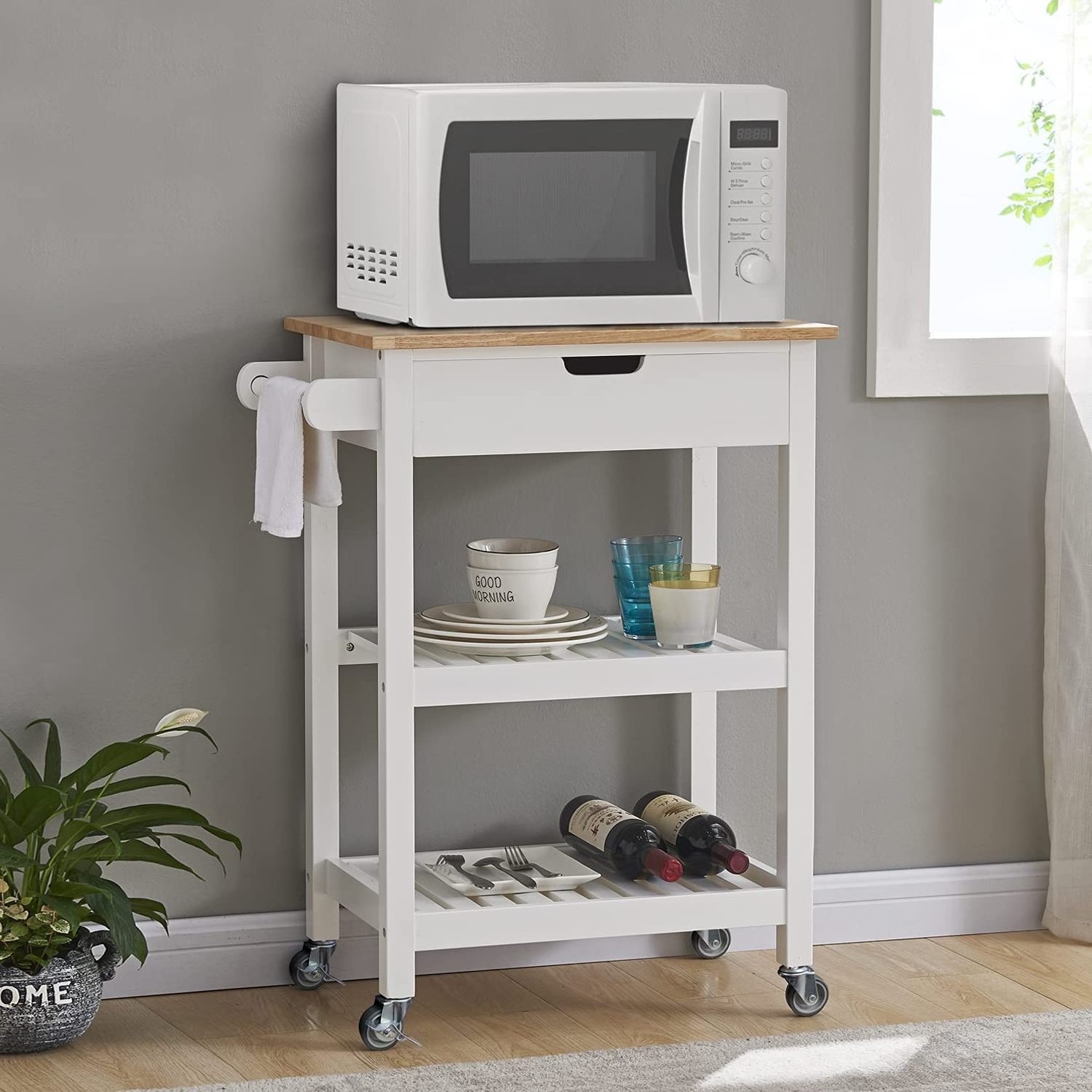 Small kitchen island with wooden top and drawers Multifunctional utility cart with open storage shelf suitable for small space