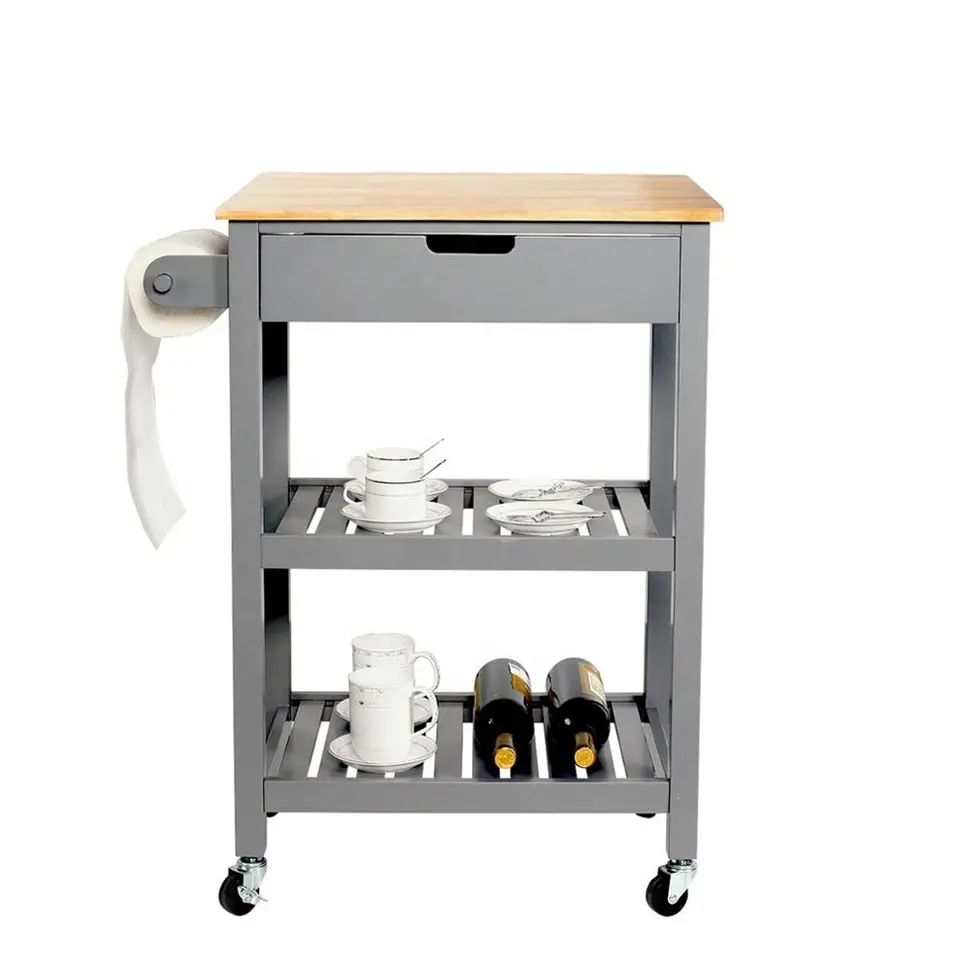 Small kitchen island with wooden top and drawers Multifunctional utility cart with open storage shelf suitable for small space