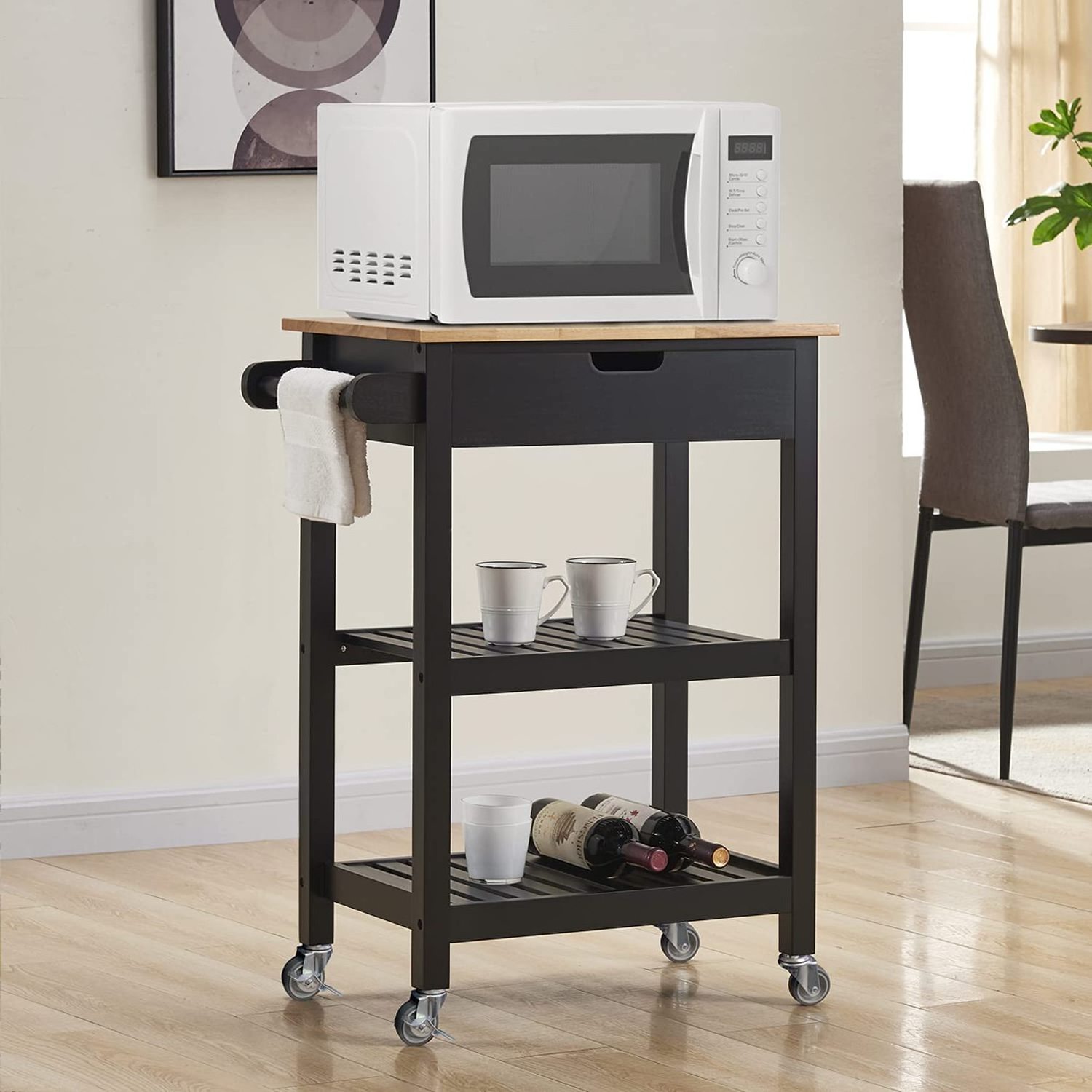 Small kitchen island with wooden top and drawers Multifunctional utility cart with open storage shelf suitable for small space