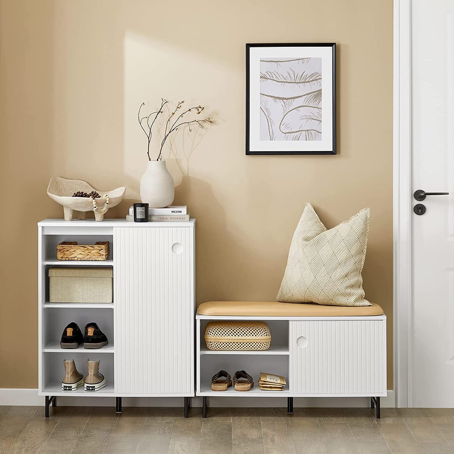 Shoe bench, storage, footstool with upholstered seat, shoe cabinet with 2 sliding doors and 4 shelves