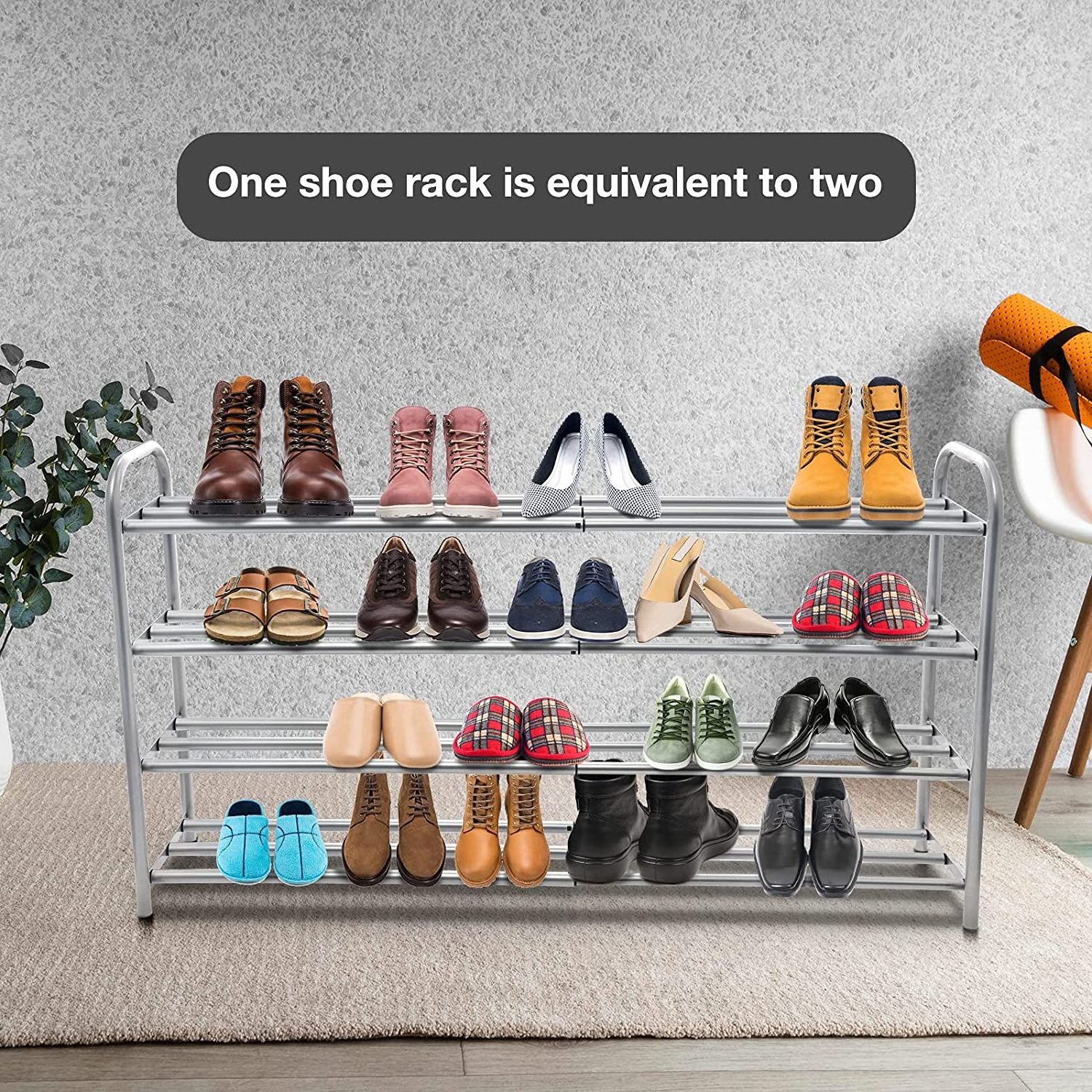 Retractable 4-layer shoe rack organizer, sturdy metal shelves can hold up to 20 pairs of shoes, saving space for the wardrobe