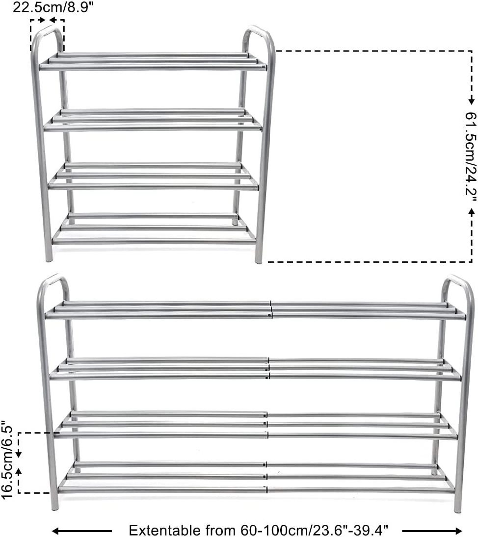 Retractable 4-layer shoe rack organizer, sturdy metal shelves can hold up to 20 pairs of shoes, saving space for the wardrobe