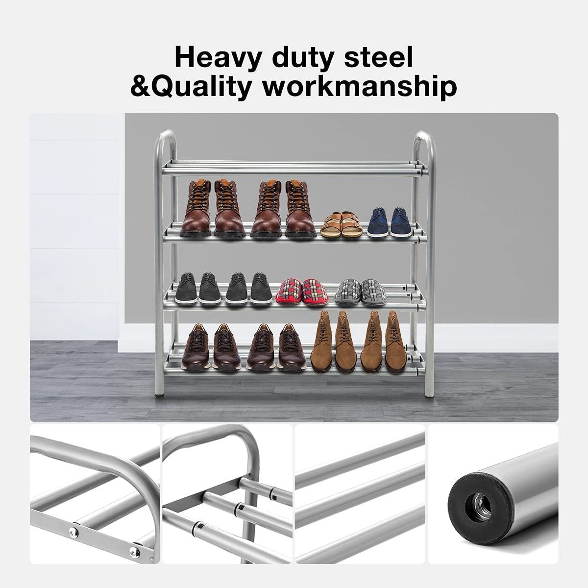 Retractable 4-layer shoe rack organizer, sturdy metal shelves can hold up to 20 pairs of shoes, saving space for the wardrobe