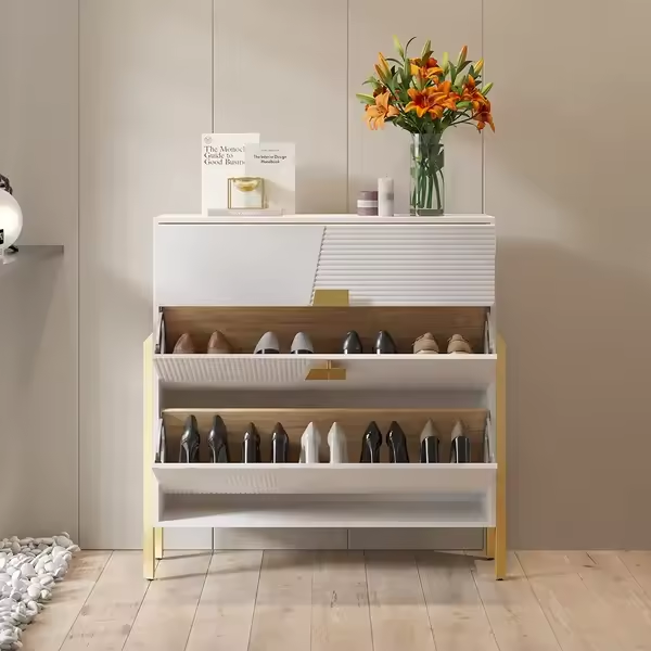 Modern Cabinet,Modern Entryway Shoe Rack White Shoe Storage Cabinet with 2 Flip Doors & 1 Drawer Golden Legs Narrow Shoe Cabinet