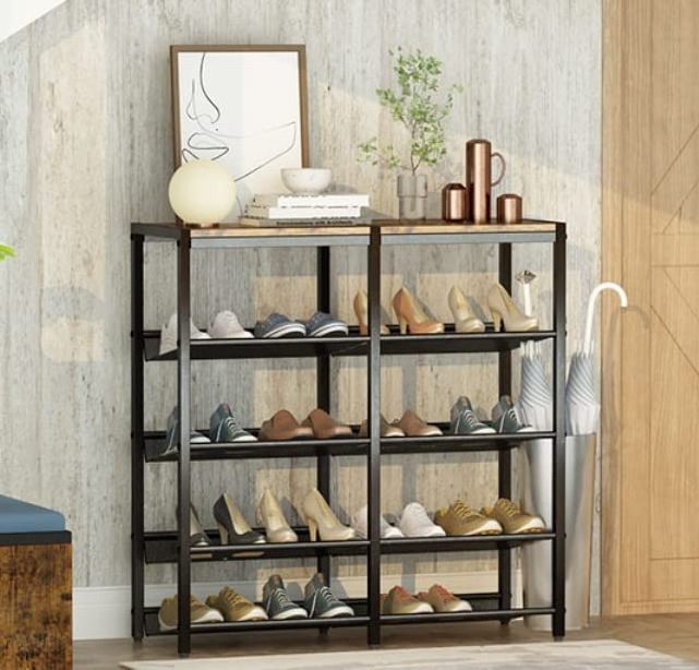 Shoe rack, industrial freestanding shoe Rack 5 level storage organizer with 4 metal mesh shelves, metal frame