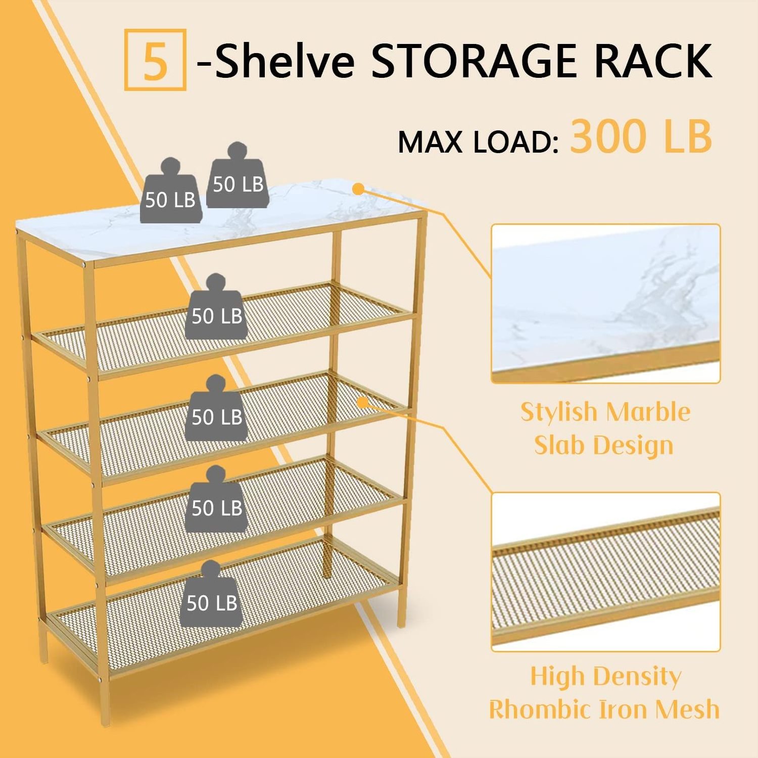 Metal Shoe Rack, 5-Tier Shoe Storage Unit Flat, Shoe Organizer Shelf with 4 Metal Mesh Shelves and MDF Wooden