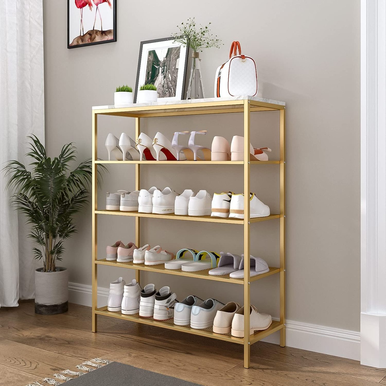 Metal Shoe Rack, 5-Tier Shoe Storage Unit Flat, Shoe Organizer Shelf with 4 Metal Mesh Shelves and MDF Wooden