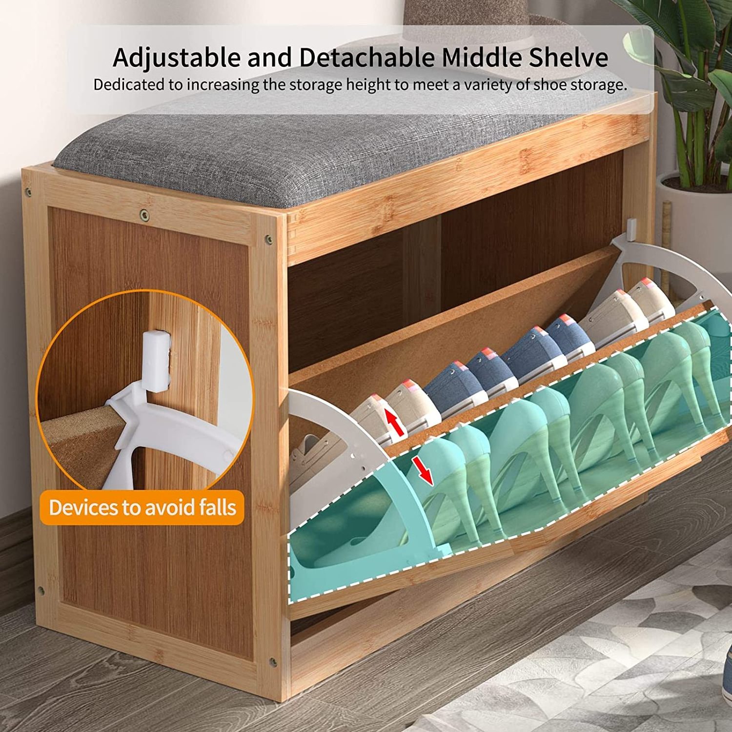 Bamboo shoe storage station with flip drawer, hidden shoe storage cupboard with upholstered seat and dump bucket for entryways