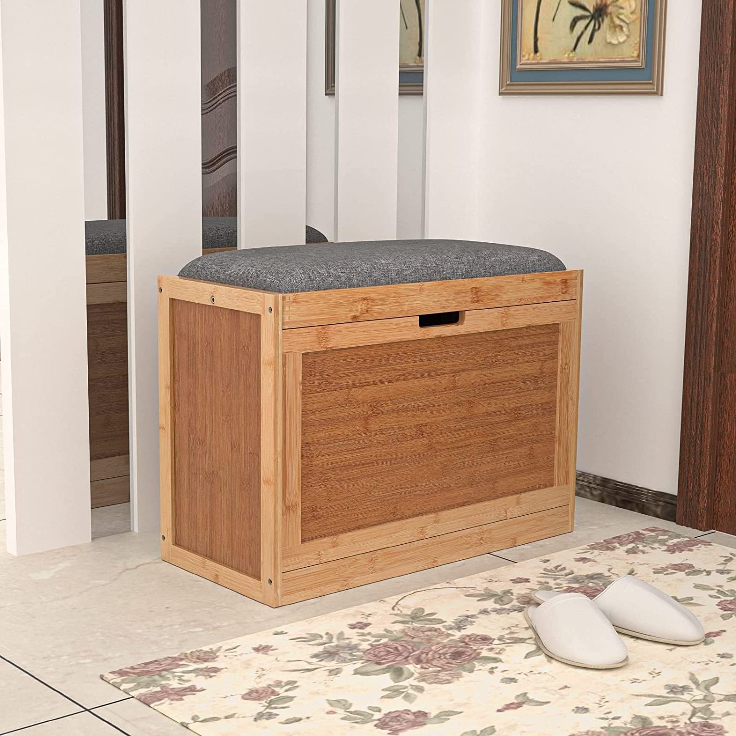 Bamboo shoe storage station with flip drawer, hidden shoe storage cupboard with upholstered seat and dump bucket for entryways