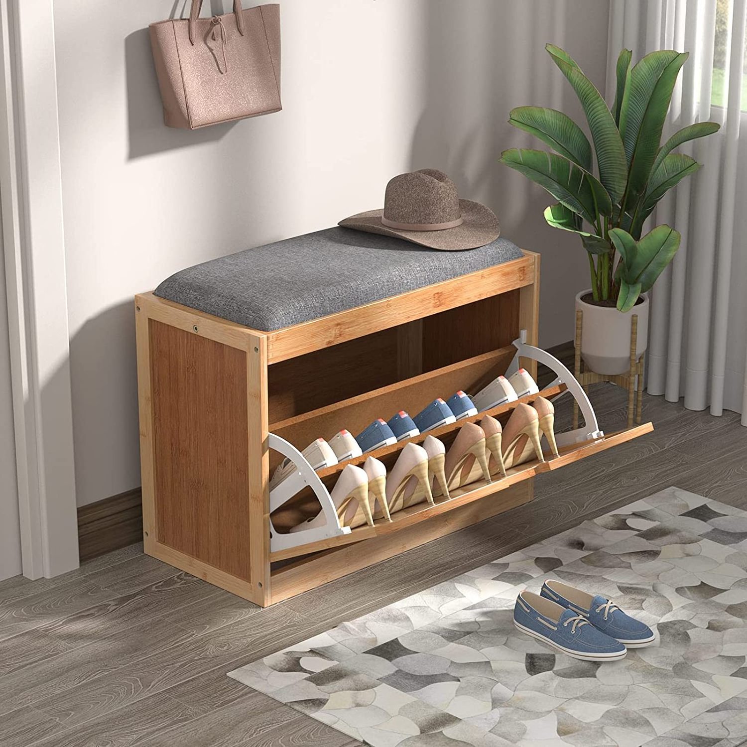 Bamboo shoe storage station with flip drawer, hidden shoe storage cupboard with upholstered seat and dump bucket for entryways