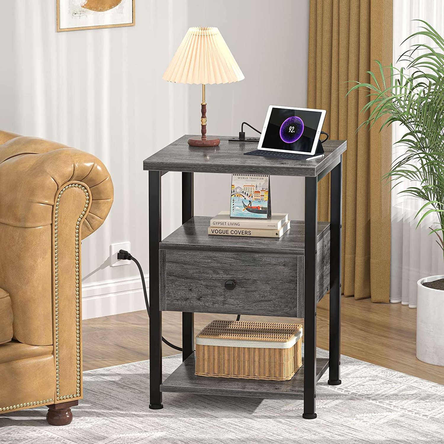 end table nightstand, with USB connection port, with drawer storage shelf, wooden