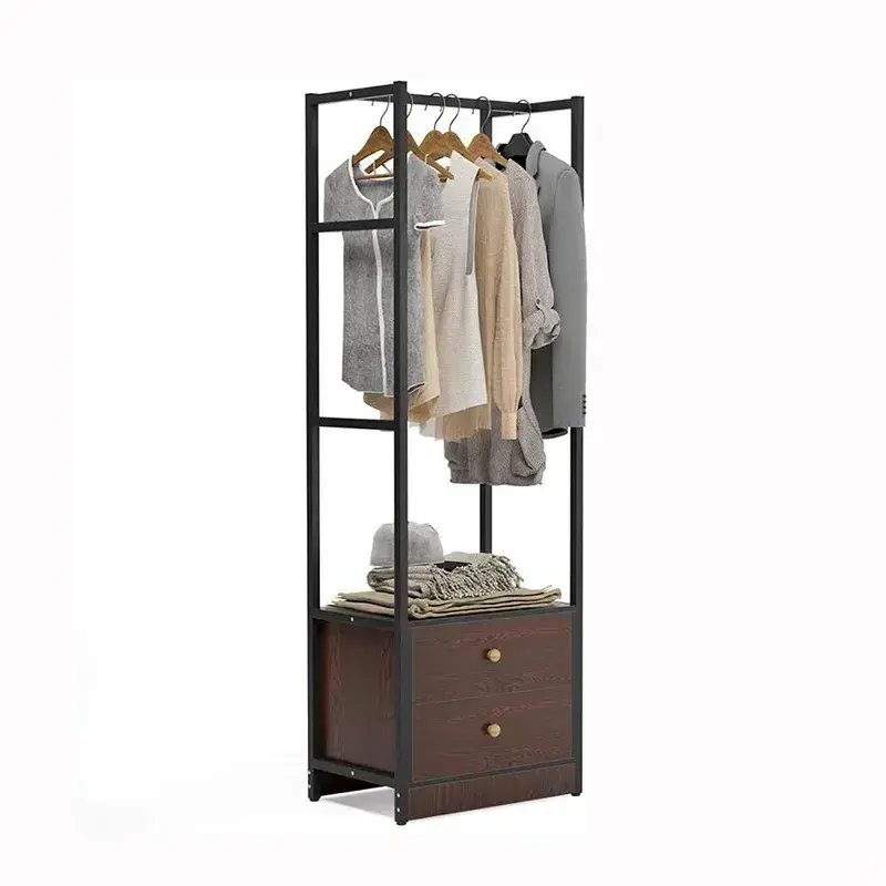 Clothing rack with drawer - drying rack - Wooden top, steel frame and fabric drawer - High wardrobe storage box - separate hange