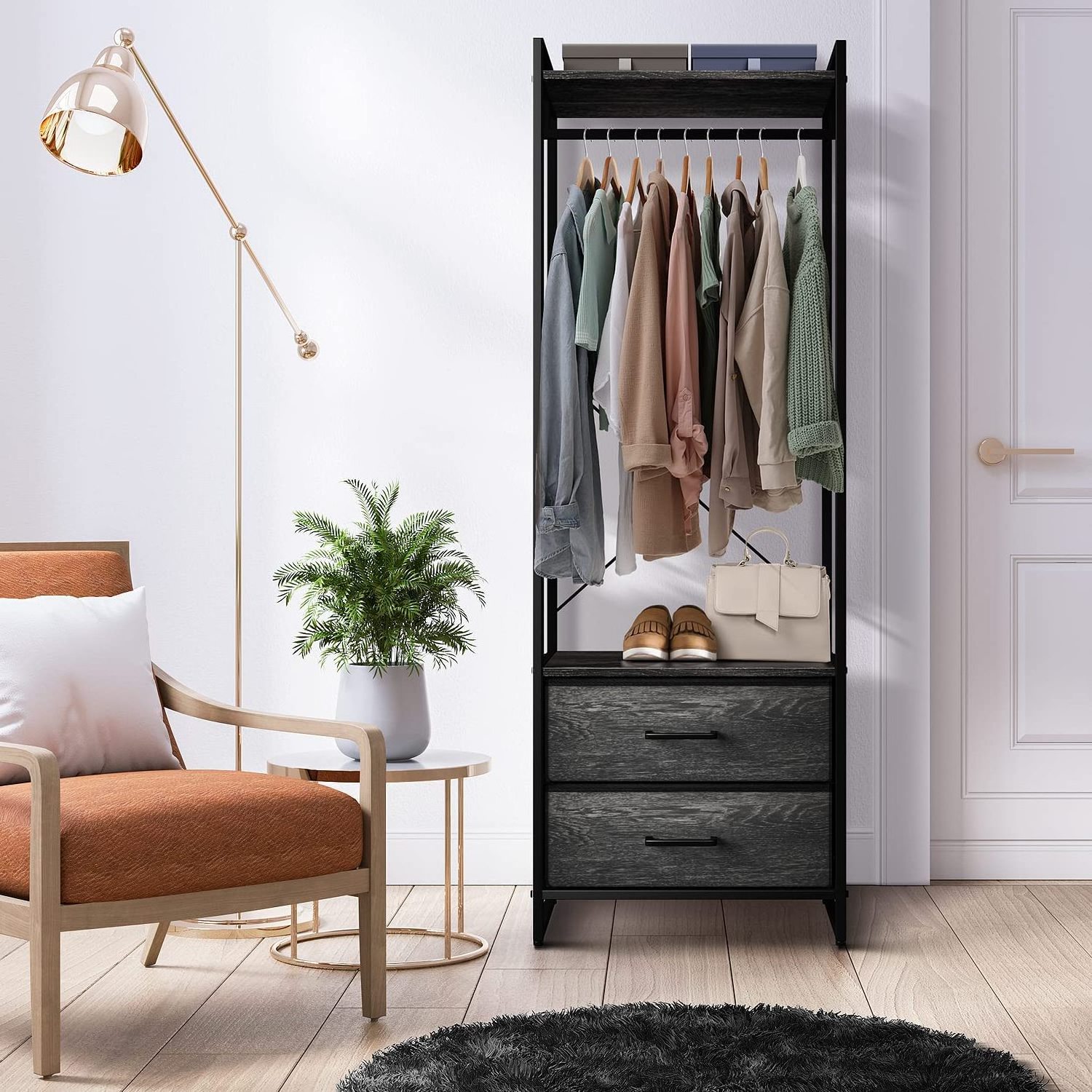 Clothing rack with drawer - drying rack - Wooden top, steel frame and fabric drawer - High wardrobe storage box - separate hange